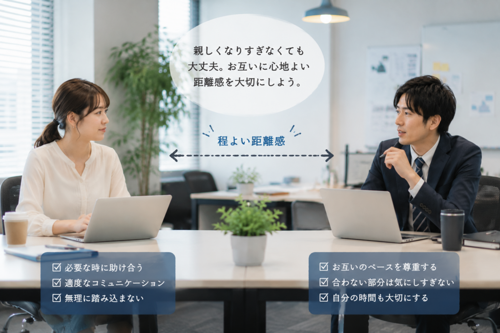 適切な距離を取るふたり。相性が悪い相手とはストレスにならない付き合い方が大切。