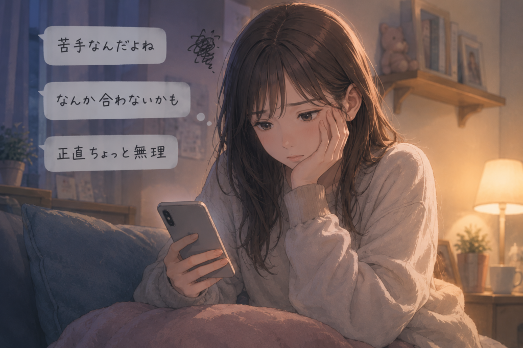 スマホをながめる女性。苦手と言われて落ち込んでいる。