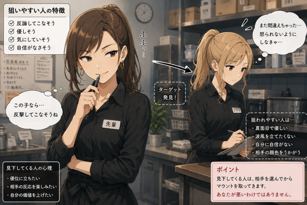 アカリをみて「反論しなそう」と判断する同僚。見下してくる人に狙われやすい人を表現。