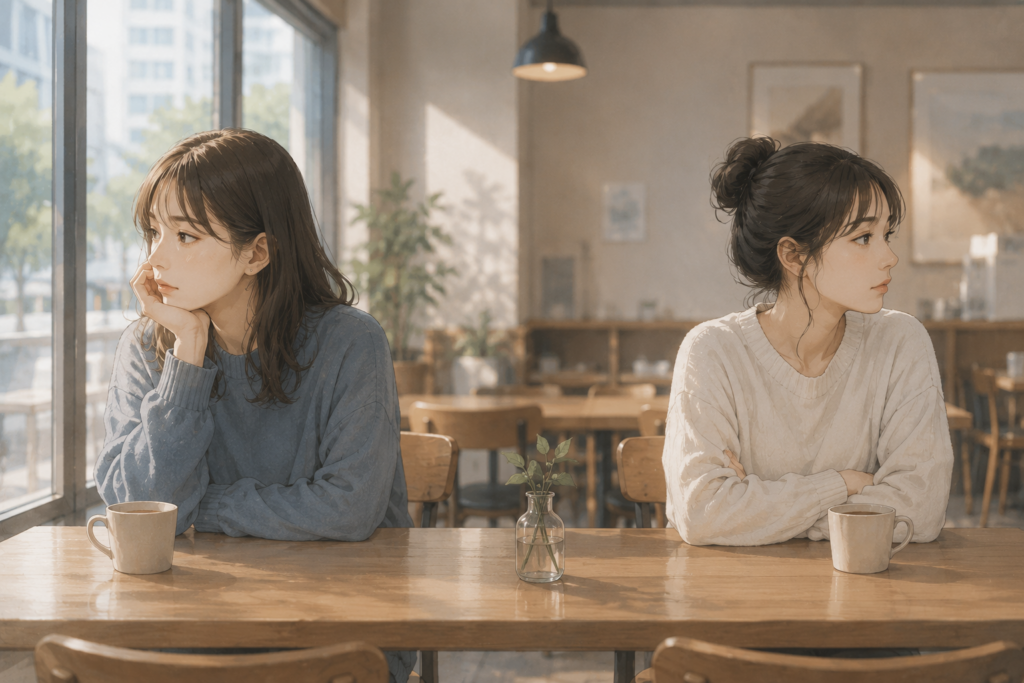お互いにそっぽを向く女性。相性が合わない人はいる。