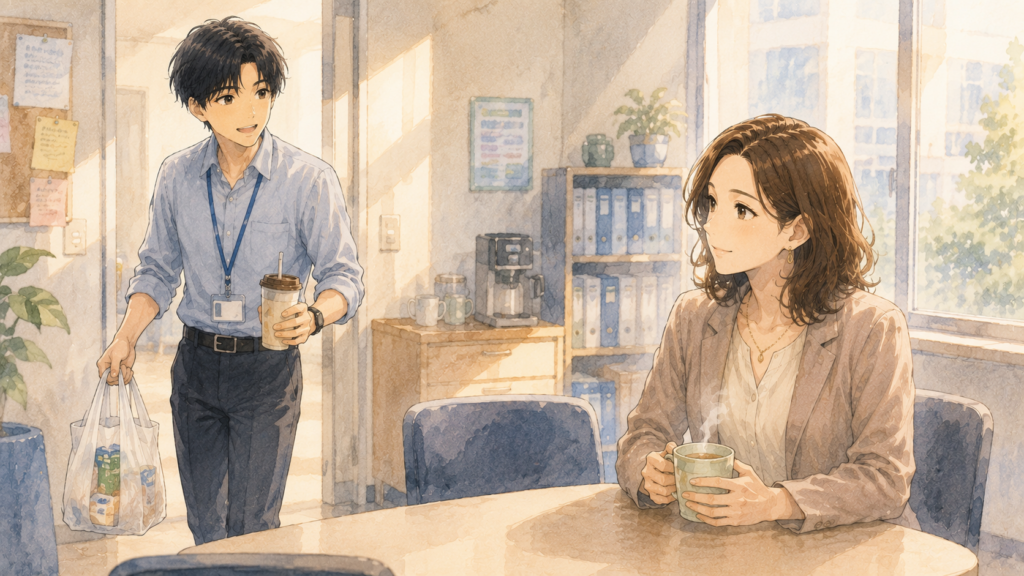 休憩室でお茶するマリと入ってきたイツキ。