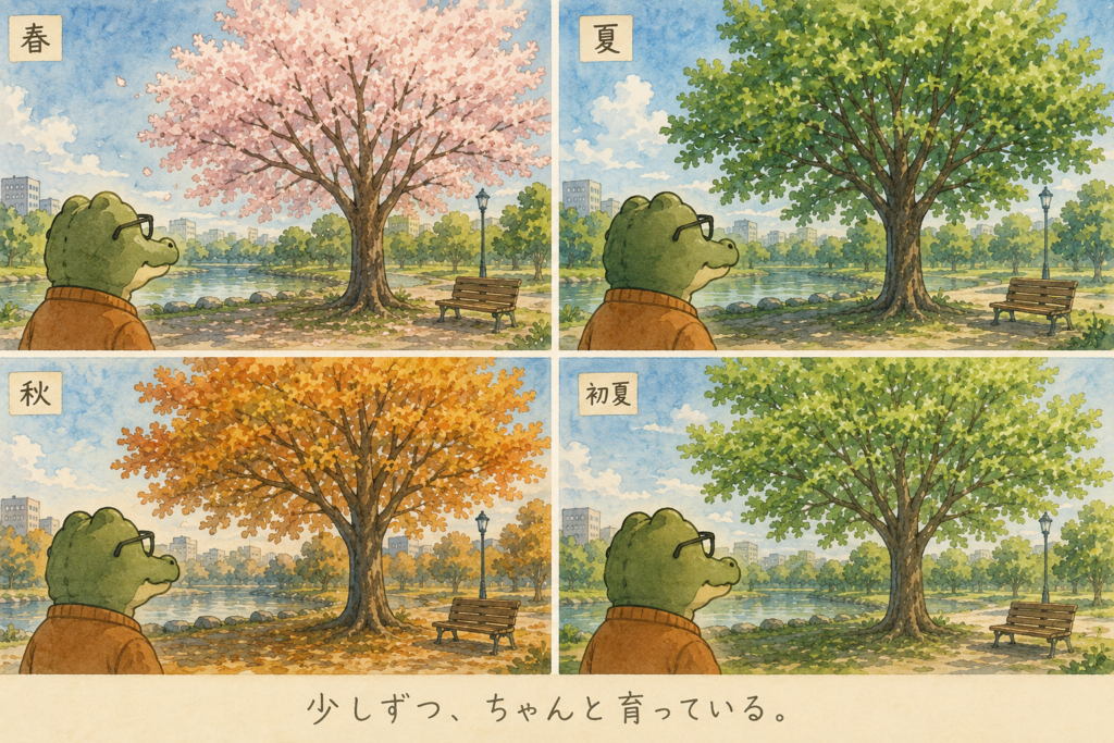 公園の木を眺めるワニオ。1日では変わらないが季節によってしっかり成長している。