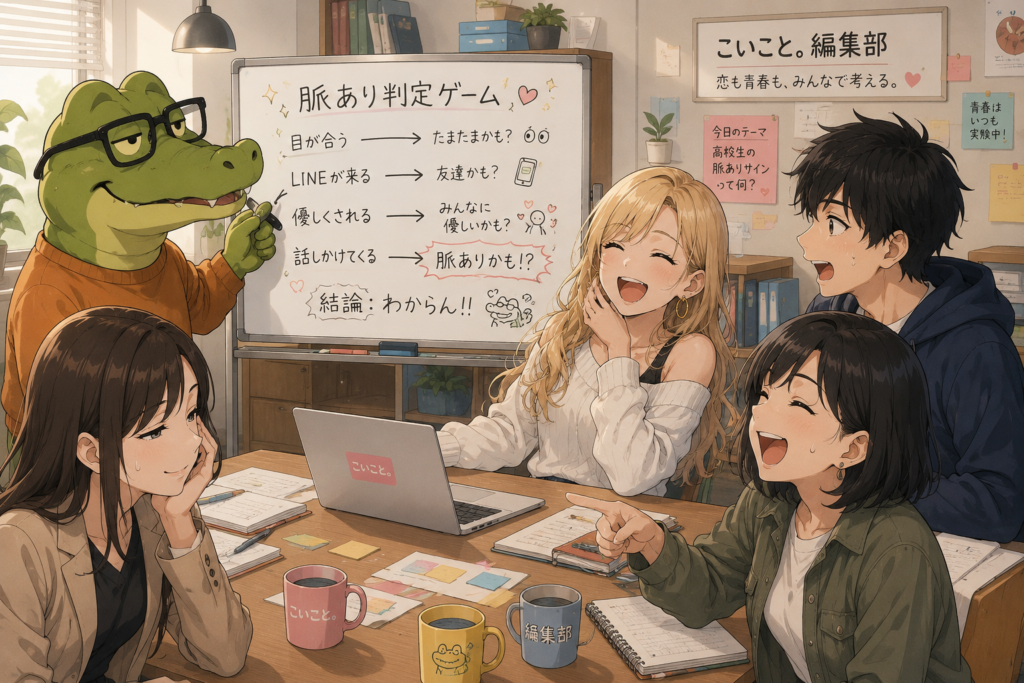 ワニオが脈あり判定ゲームとホワイトボードに書いている。それを見て笑うメンバー。脈ありばかり考えるより行動すべしということを表現。
