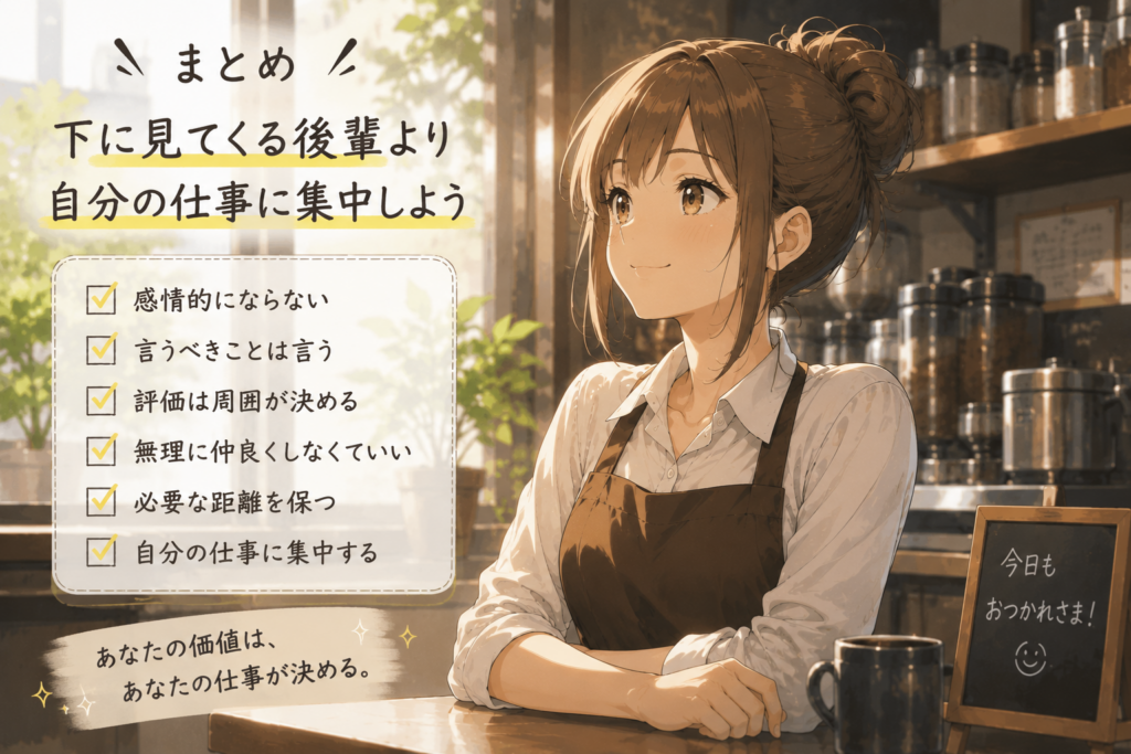 生意気な後輩に関わりすぎず自分の仕事に集中するアカリ。