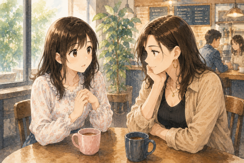 カフェにてミユの相談を聞くミユ。