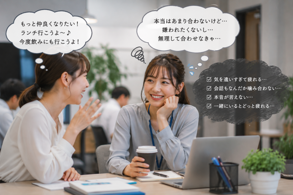 相性が合わない人と無理に仲良くしようとしてストレスを感じている女性。