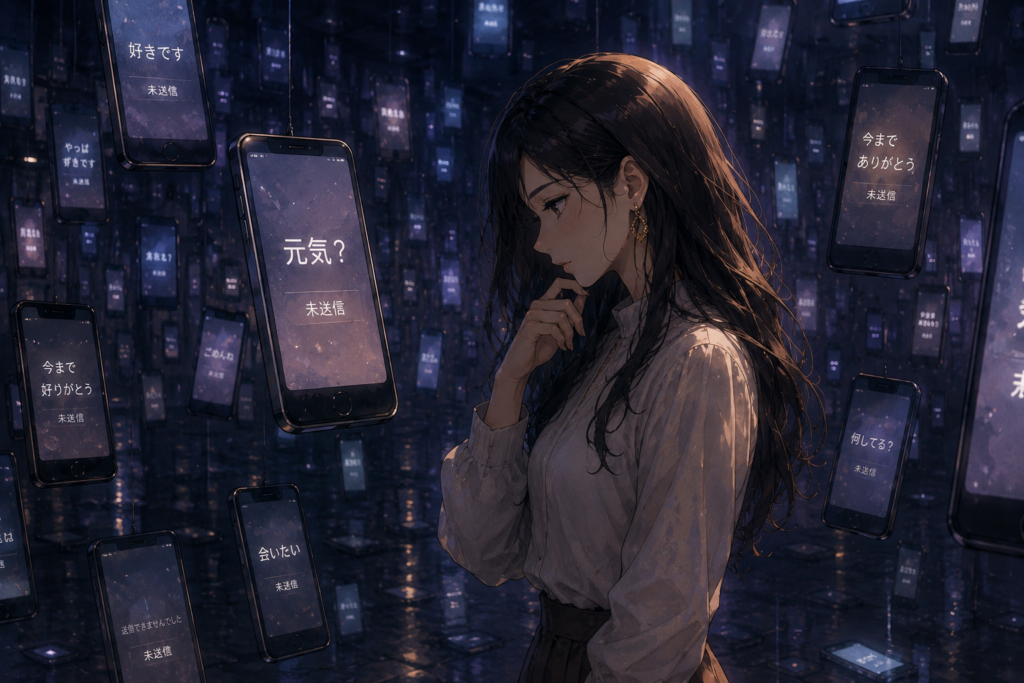 送られなかったLINEを見て切なそうなミサキ。