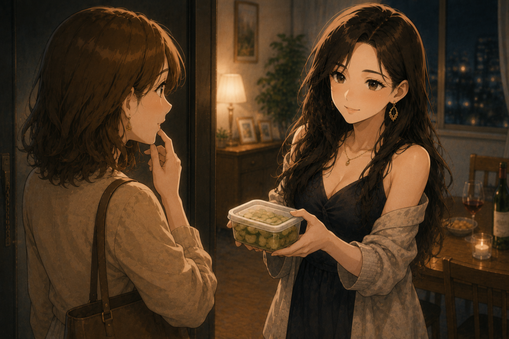 自分が漬けたぬか漬けをマリに渡すミサキ。ミサキなりのリスペクト。