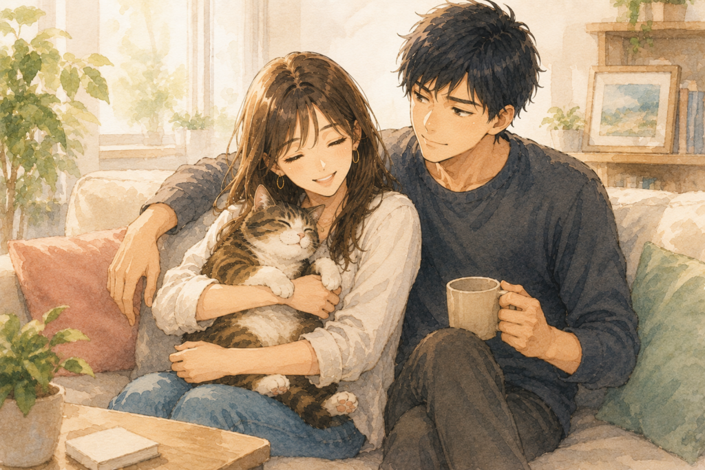 猫と彼氏どちらも大切。比較する対象ではない。平和な雰囲気のカップルと猫。