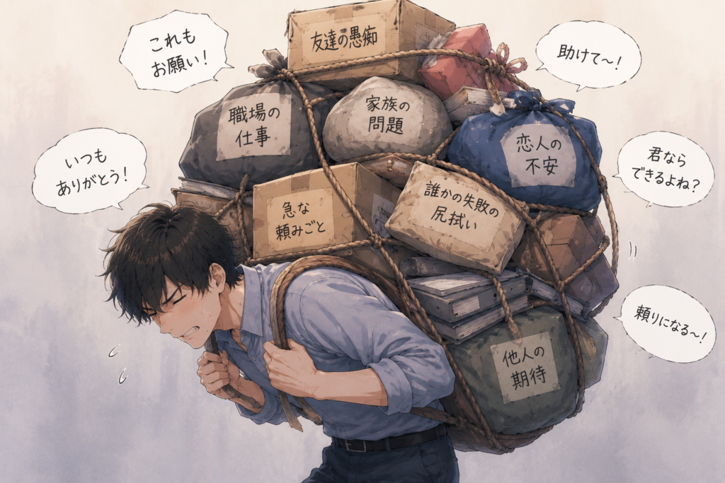他人の荷物（頼み事）を何でも引き受ける男性。いい人ではなく都合のいい人になっている。