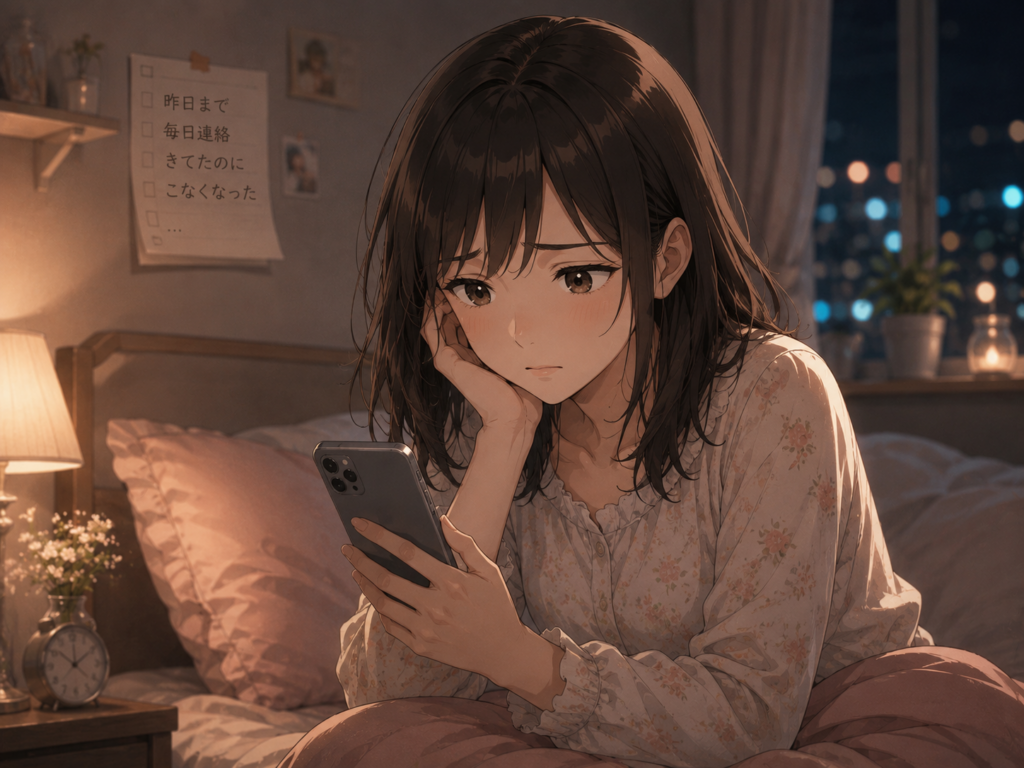 今まで連絡があったのに急に来なくなって不安な女性。