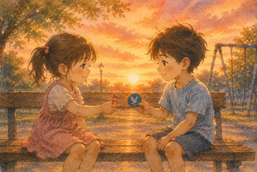 缶バッジと指輪を交換する子どもたち。