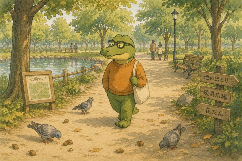 鳩がいてどんぐりが落ちている公園。いつも通り歩くワニオ。