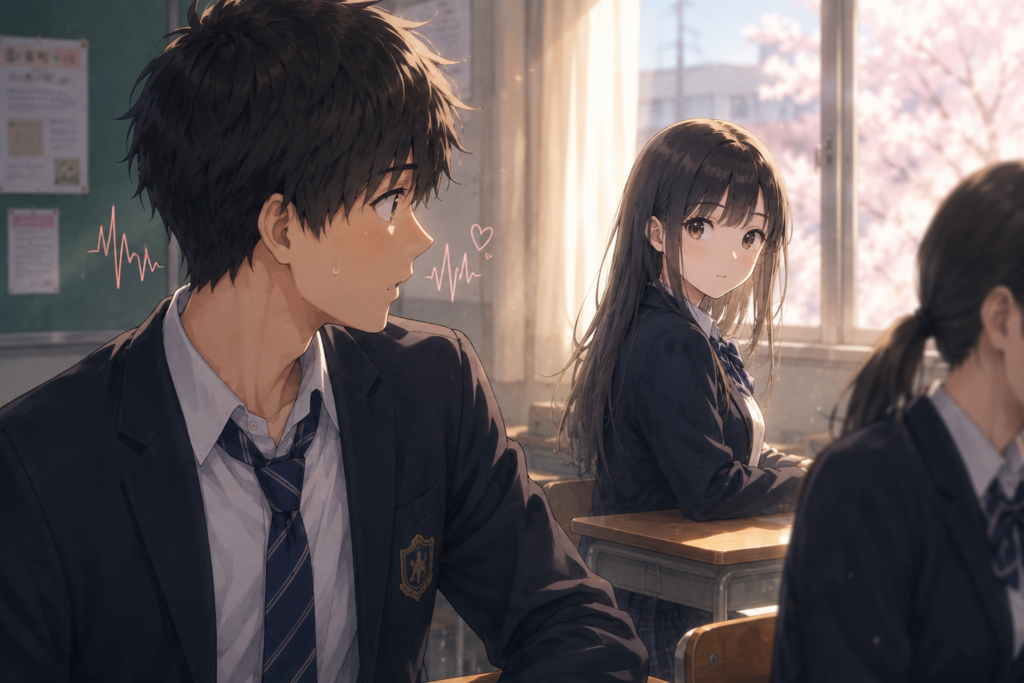好きな人と目が合って脈ありを期待する男子高校生。