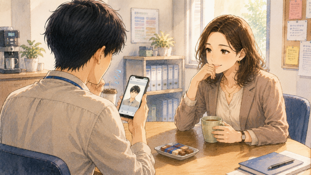 アプリのプロフィール写真が証明写真のようなイツキ。