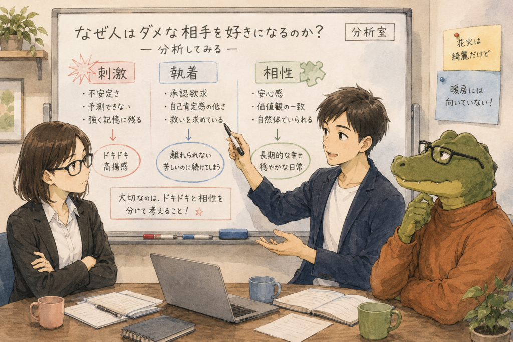 ダメな相手を好きになる理由を分析するリクとワニオとミカコ。