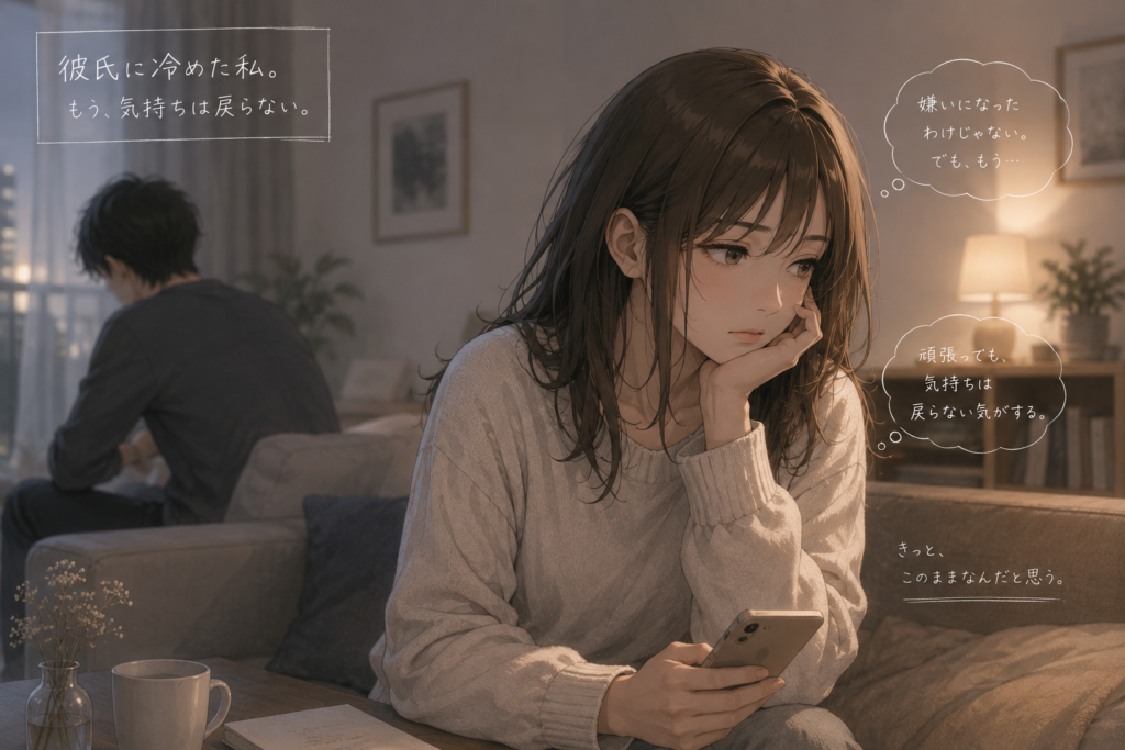部屋にいるカップル。女性は彼氏に対して気持ちが冷めてしまった。