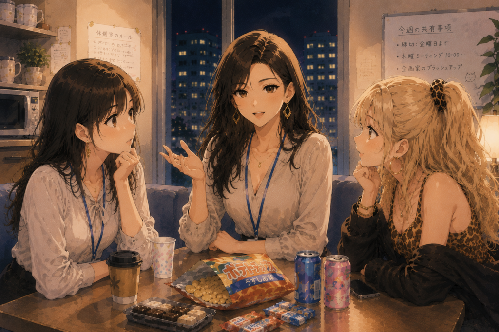 語るミサキ。聞くミユとアカリ。