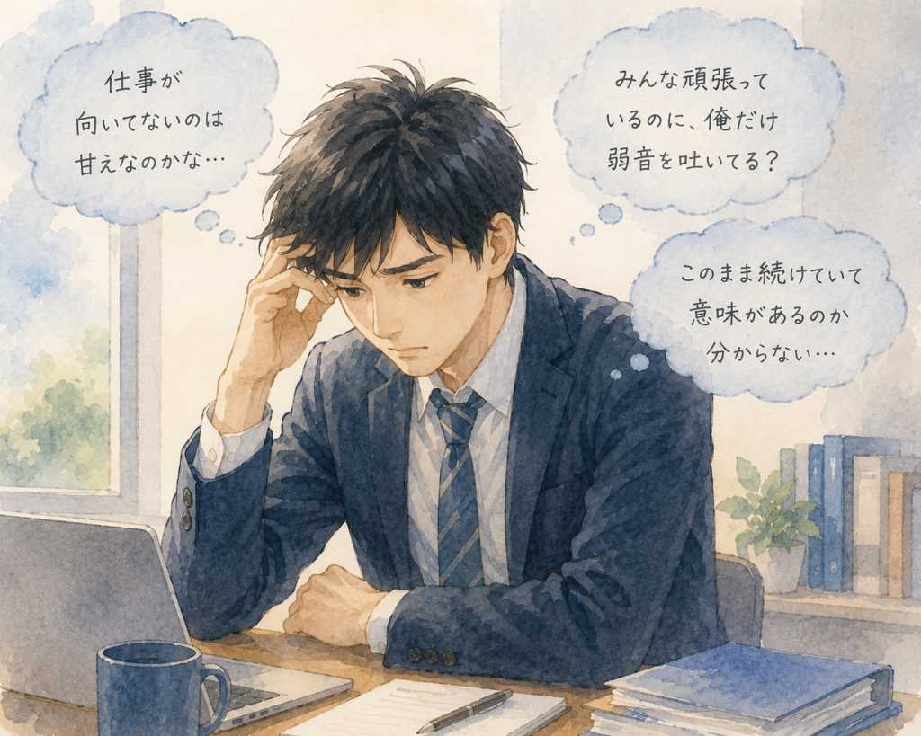 仕事を辞めたいのは甘えなのか悩む男性。