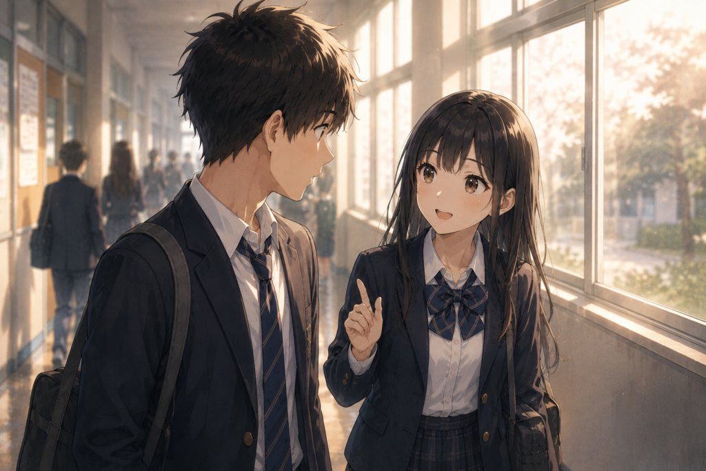 男子高校生に話しかける女子高生。脈ありを期待してよいシーン。