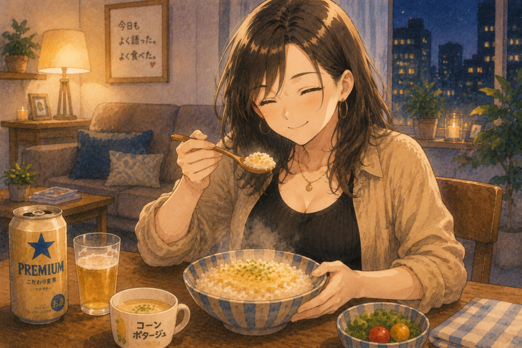 雑リゾットを食べて満足げなナナ。