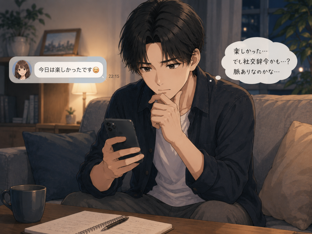 デート相手から「楽しかった」とLINE。これは脈ありなのか考える男性。