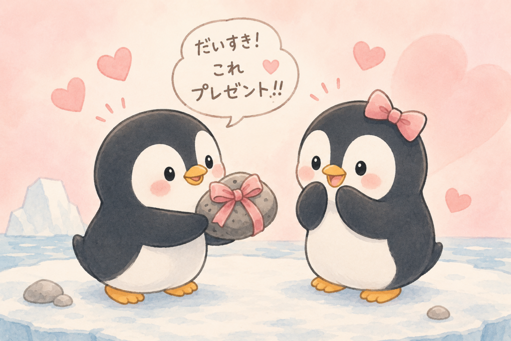 求愛行動として女子ペンギンに石をプレゼントする男子ペンギン。
