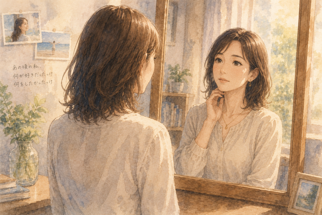 鏡を見る女性。男性が好きではなく自分でいられる時間を求めていたことに気づいたことを表現。