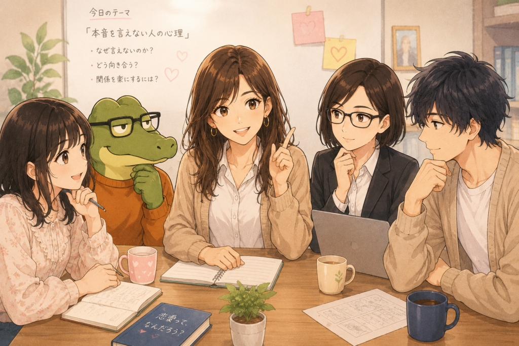 本音を言えない人について座談会をしようと提案するユウカ。
