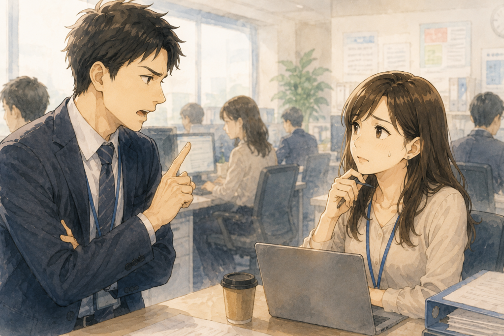 会話に否定から入る男性。困惑する女性。