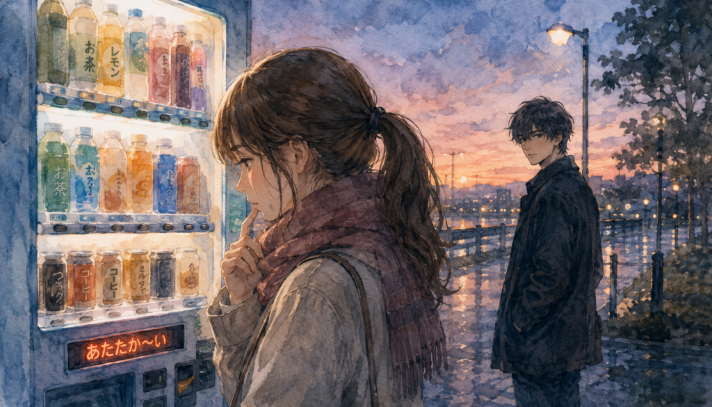 クールな男性が遠くから意中の女性を見つめている。