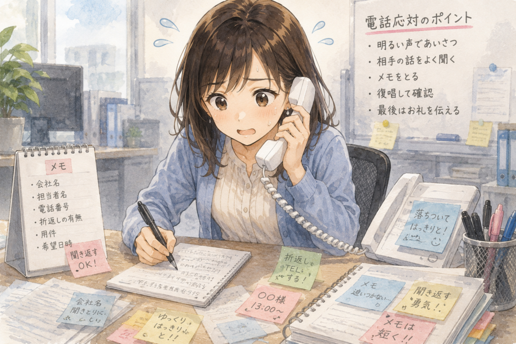 電話応対で慌ててしまい挙動がおかしいミユ。