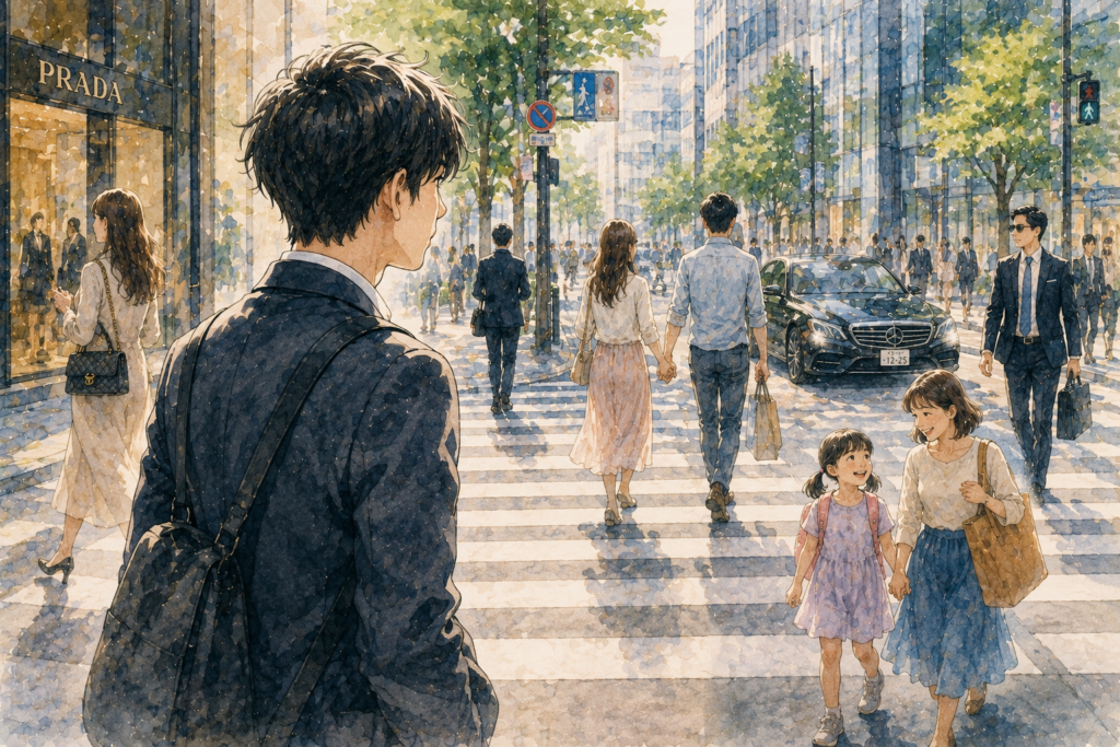 高級車、親子、カップル、ビジネスマン、これらを見つめる男性。幸せとは何かを問う。