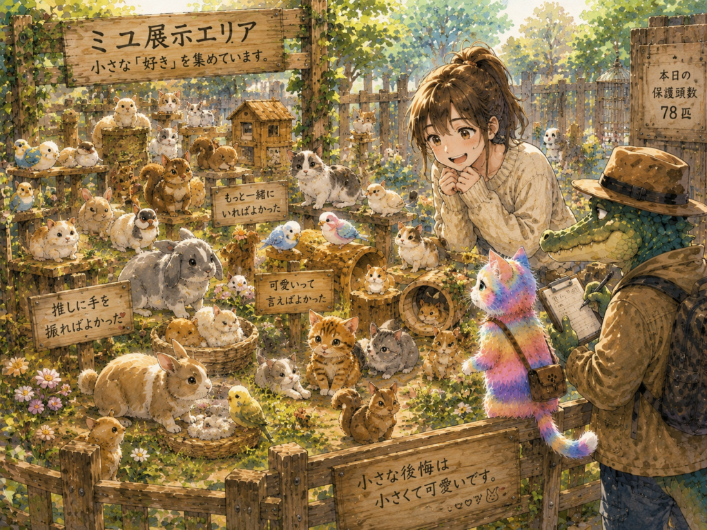ミユ展示エリア。可愛い小動物たち。楽しそうに見るナツメとワニオ。