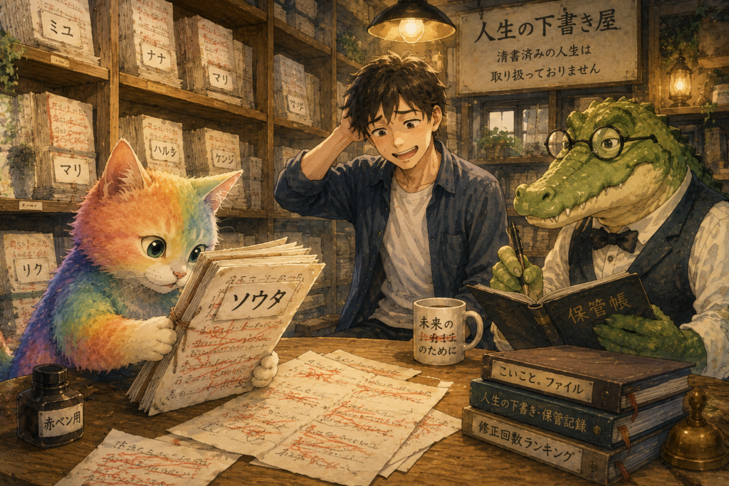 ソウタの下書きを読むナツメ。照れるソウタ。
