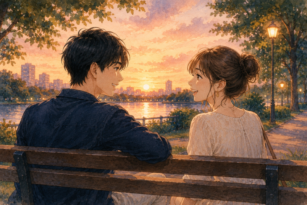 公園のベンチで話す男女。心地よく和やかな関係。