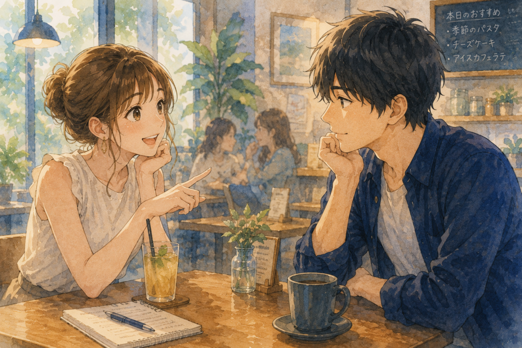 明るい女性とお茶をする男性。自分だけに特別な行動があるか探っている。