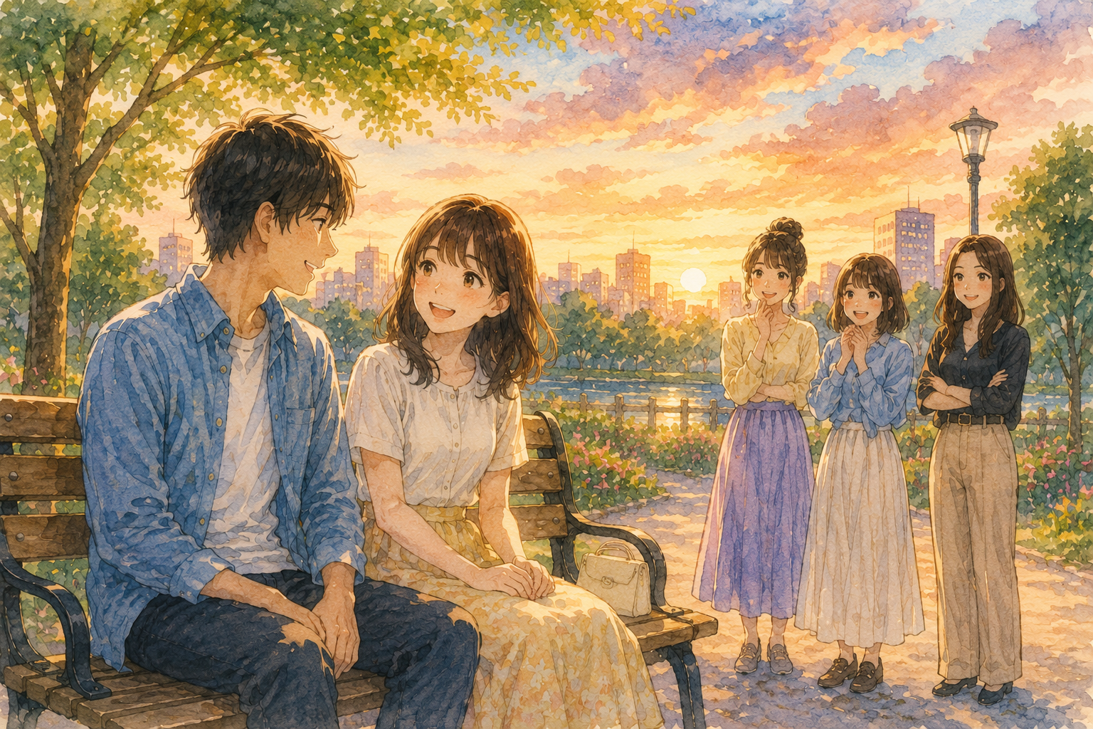 仲のよい男女。両思いのような雰囲気。それを見守る友達たち。