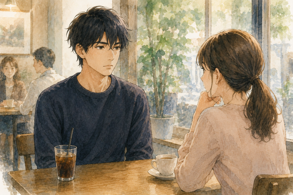 カフェでお茶をする男女。男性は無表情で少し怖い雰囲気。