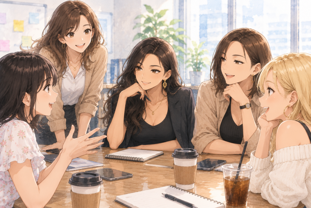 座談会が盛り上がるこいこと。女子メンバー。
