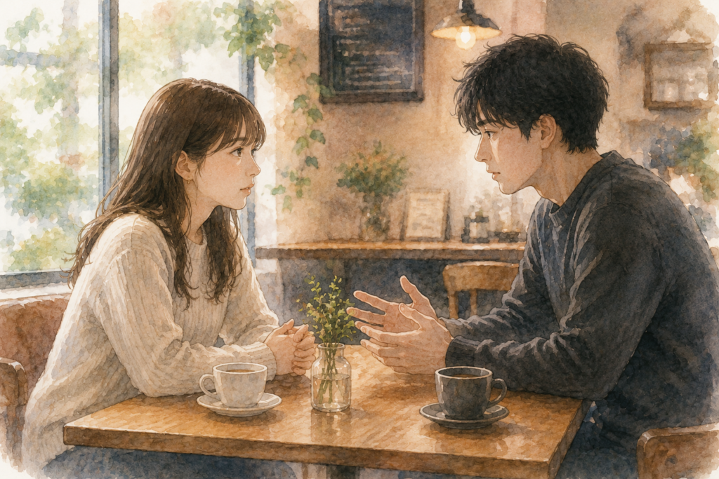 関係について真剣に話し合うカップル。今後どうなりたいのか真摯に向き合っている。