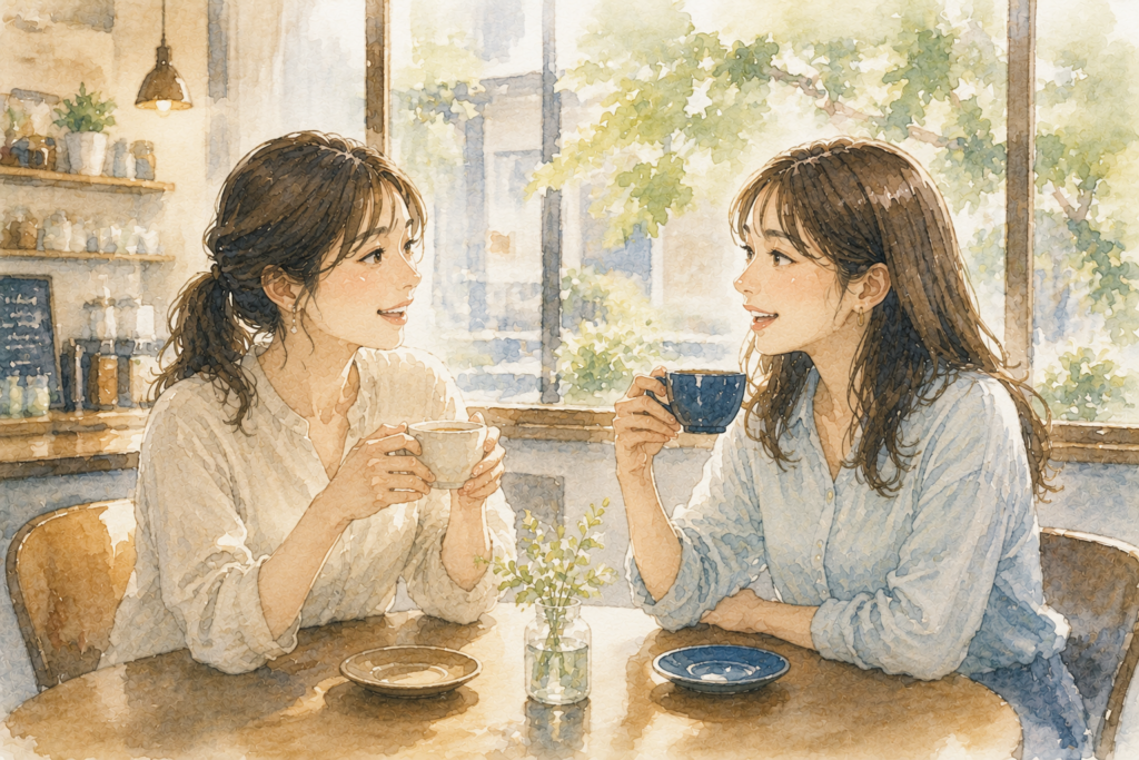 楽しく会話する女性ふたり。張り合いのない穏やかな空気。