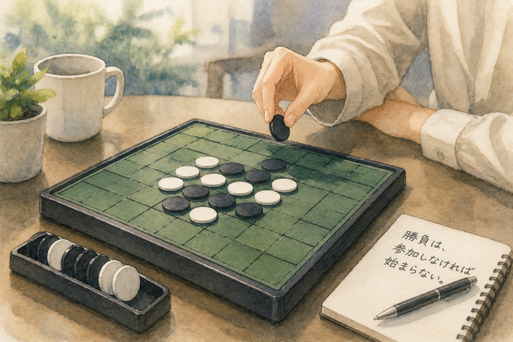 オセロをする手。参加しなければ勝負は始まらないことを表現。