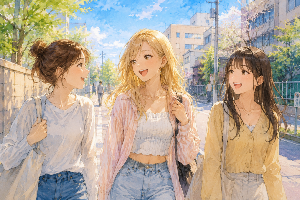 友達と大学へ向かうアカリ。何気ない日常風景。