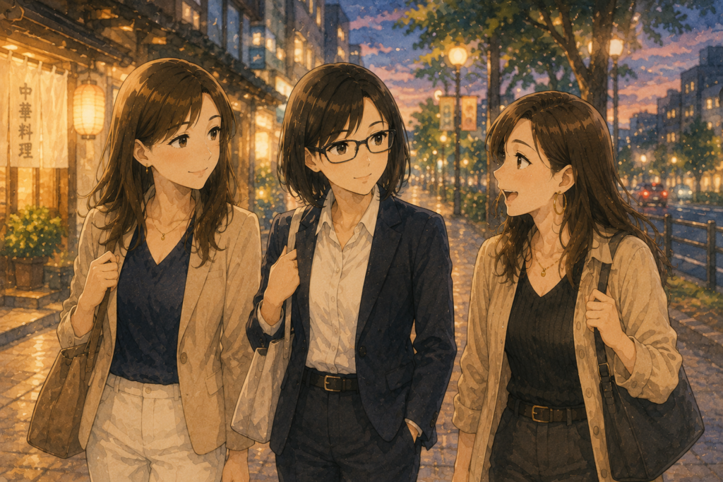 店を出て楽しそうに歩く3人。