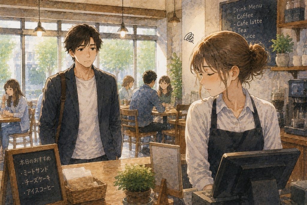 告白した男性客が来店。気まずくて無視してしまう女性店員。NG対応の例。