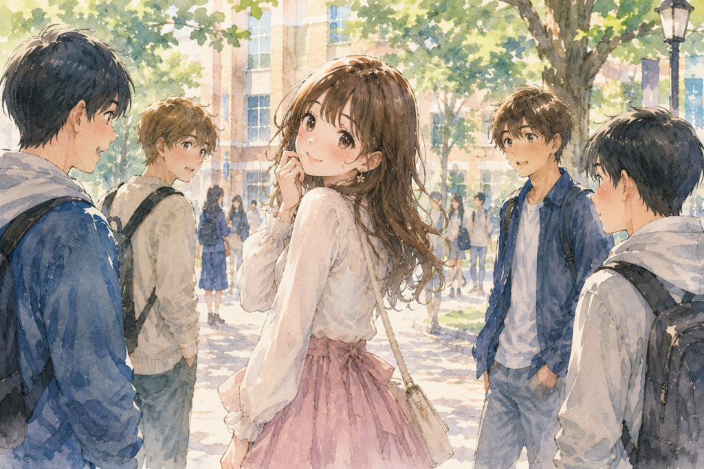 可愛い仕草のあざとい女性。周囲の男性は可愛くて意識してします。