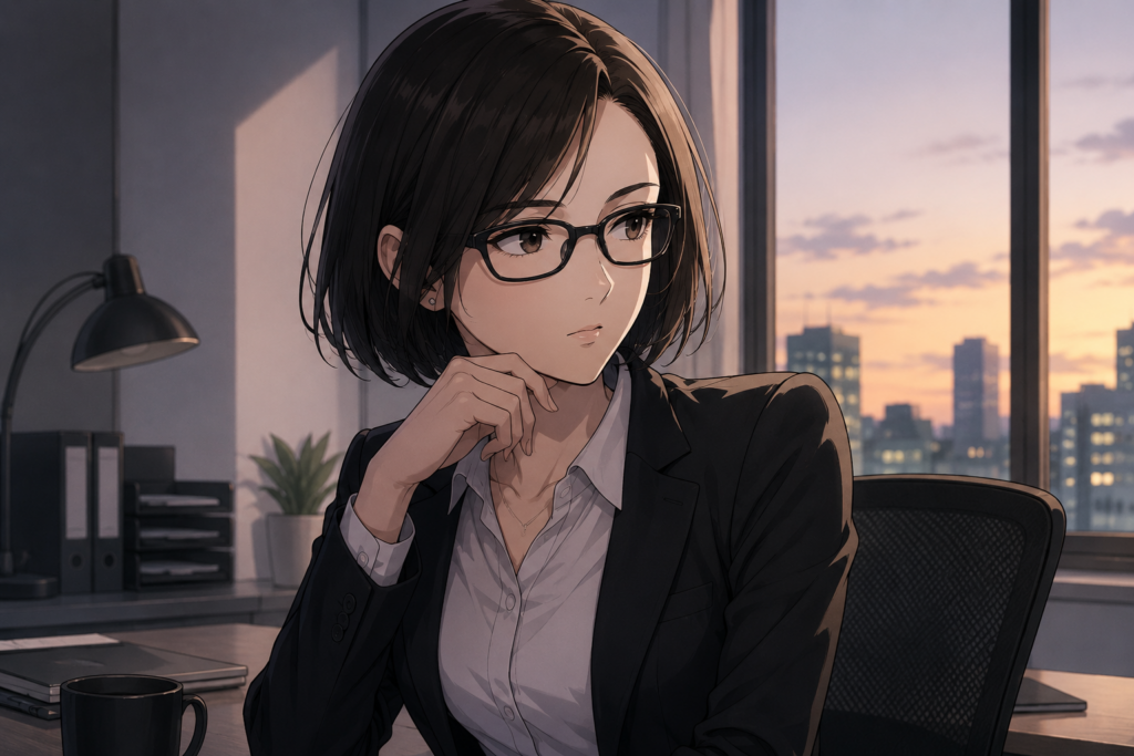 退勤直前のミカコ。ちゃんとした女性のイメージ。