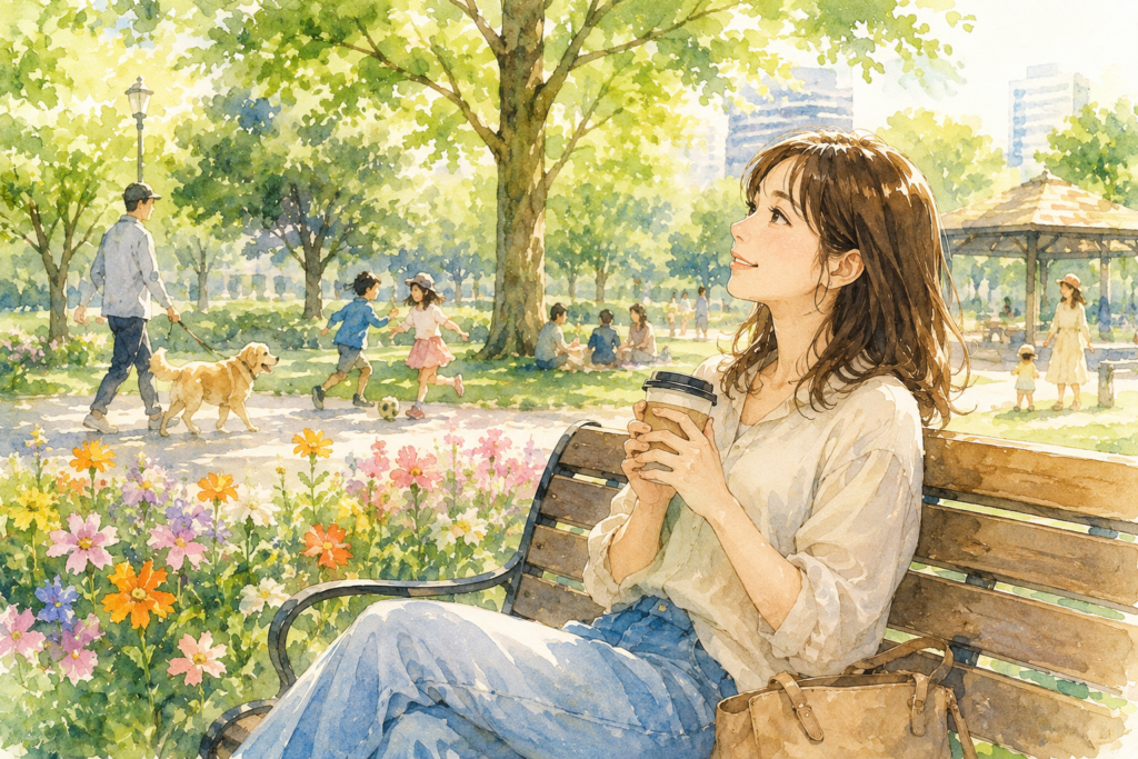 公園のベンチでコーヒーを飲む女性。今あるものに目を向けて幸せを実感できている。