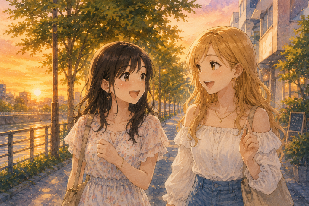 編集部を出るミユとアカリ。有益な話が聞けて満足な様子。